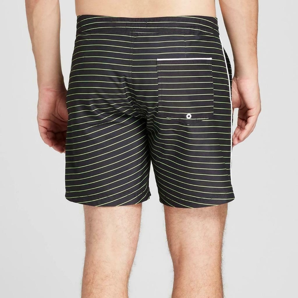 6" Black Green Striped Swim Trunk 38 - Picture 2 of 7